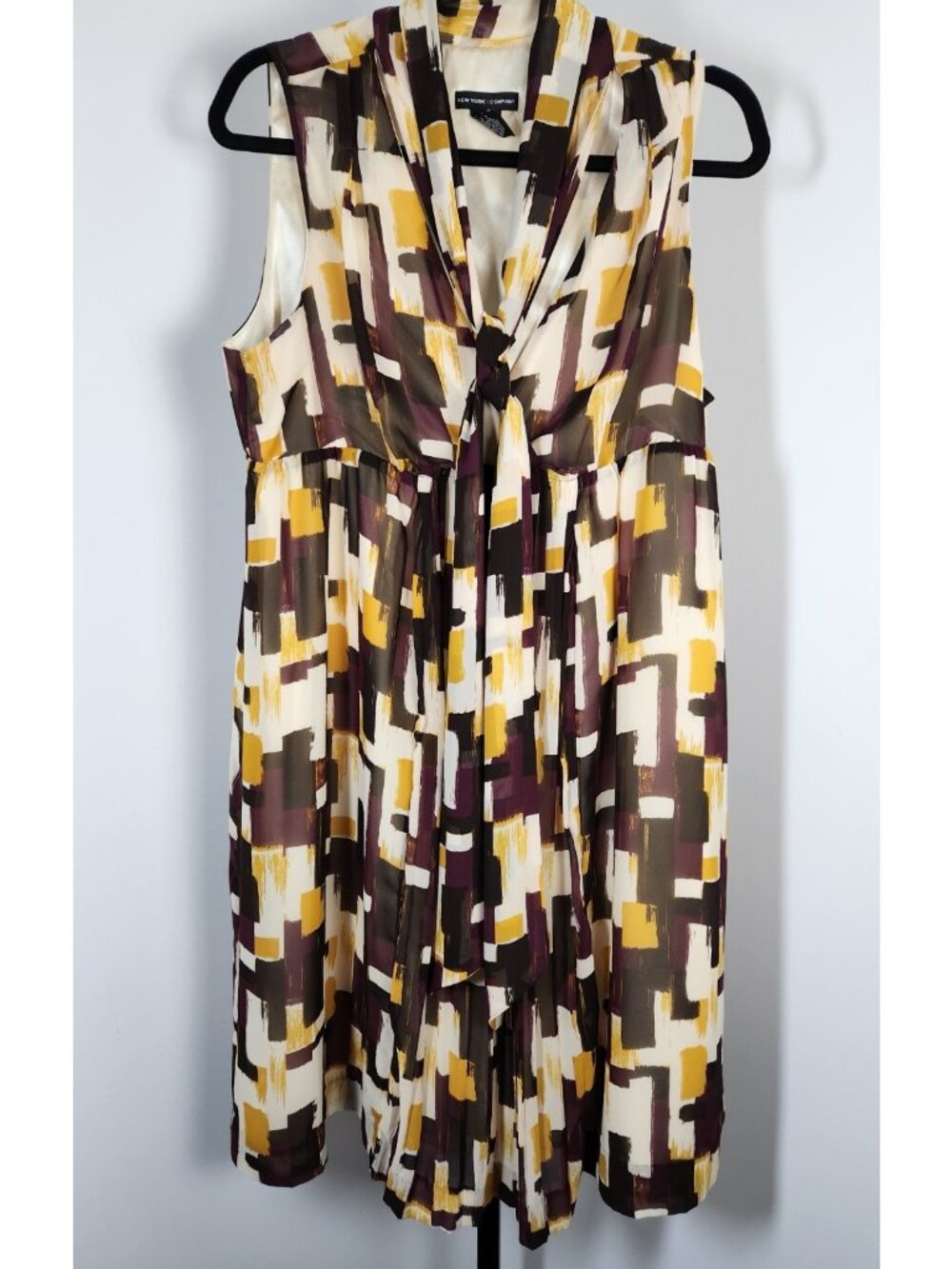 New York & Company Colorful Vintage Lined Dress Tie Neck A-Line-SZ 14